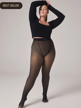 Noosh Toast Faux Sheer Illusion Black/Tan  Fleece Tights L/XL NWT